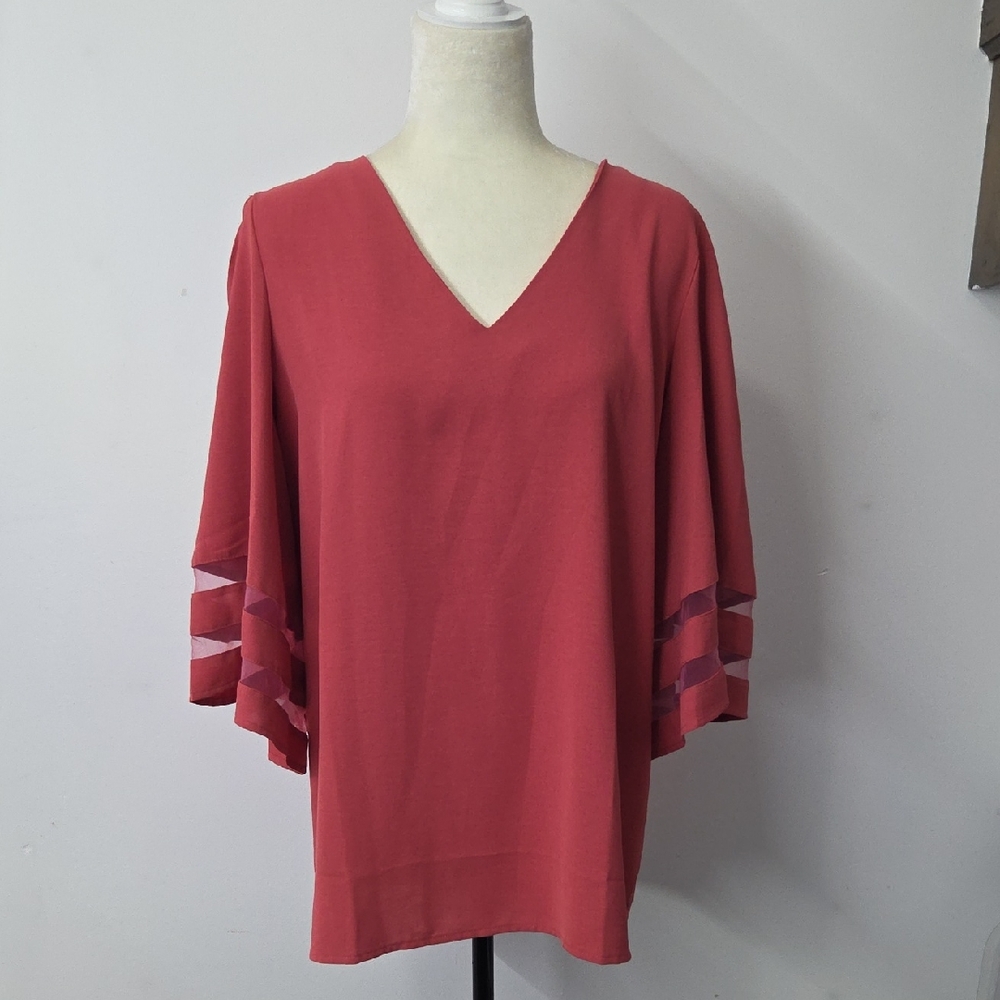 V-Neck Red Flutter Sleeve Blouse